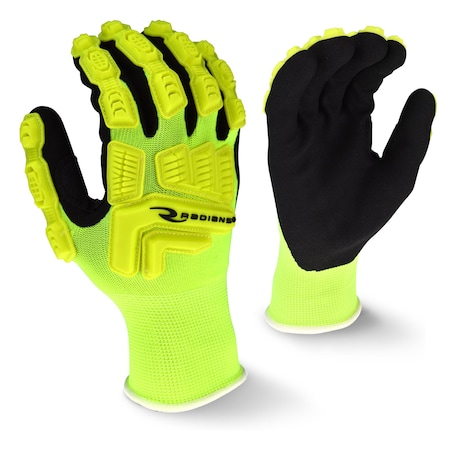 Radians Hi-Vis Impact Coated Gloves, Nitrile, Sandy, Palm, Not Rated Abrasion Level, Hi-Vis Yellow, L RWG21L