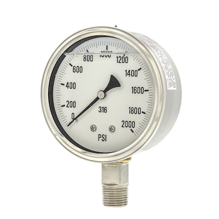 Pic Gauges 4 in Dial, 1/2 in NPT Male Lower Location, Stainless Steel Case Material PRO-301L-402O
