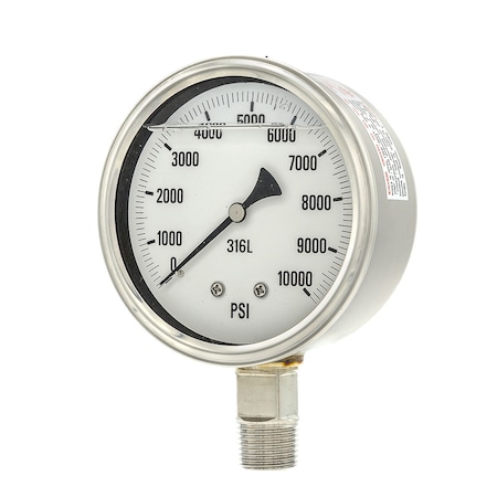Pic Gauges Gauge, 4", 0-10000 psi, 1/2"LM, 316SS, 4 in Dial, 1/2 in NPT Male Lower Location PRO-301L-402U