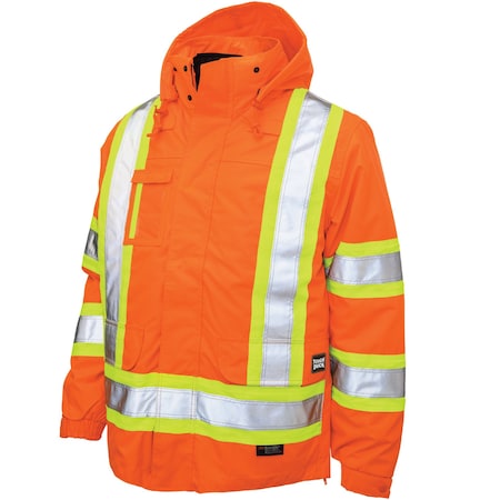 Tough Duck Hi-Vis 5-in-1 Safety Jacket, 300D Poly Oxford with PU Coating, Class 3 Type R, Solid Orange, MT S42641