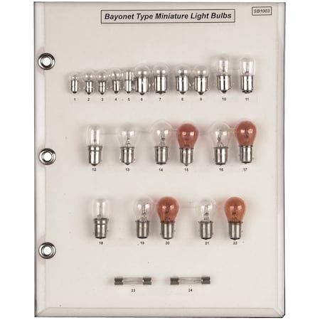 Disco Bayonet Bulb Sample Board Sizes/Amperage SB1003