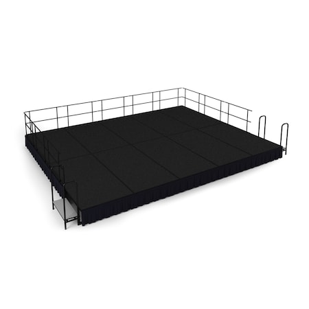 National Public Seating Stage Pack, 16Ft.x20Ft.x16"H, Black Carpet, Shirred Pleat Black Skirting SG481610C-10-SS10