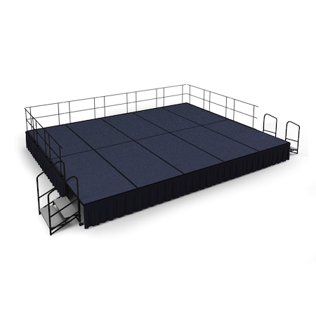 National Public Seating Stage Pack, 16 Ft.x20 Ft.x24"H, Blue Carpet, Shirred Pleat Black Skirting SG482410C-04-SS10