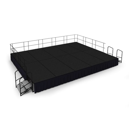National Public Seating Stage Pack, 16Ft.x20Ft.x24"H, Black Carpet, Shirred Pleat Black Skirting SG482410C-10-SS10