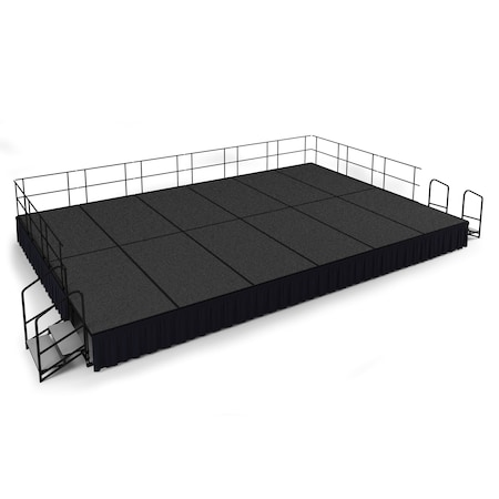 National Public Seating Stage Pack, 16 Ft.x24 Ft.x24"H, Gray Carpet, Shirred Pleat Black Skirting SG482412C-02-SS10
