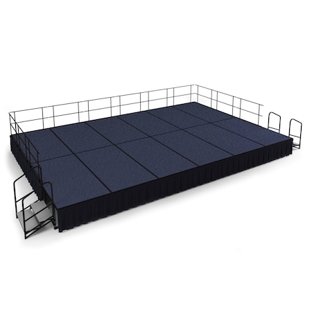 National Public Seating Stage Pack, 16 Ft.x24 Ft.x24"H, Blue Carpet, Shirred Pleat Black Skirting SG482412C-04-SS10