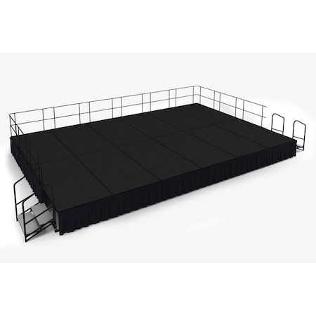 National Public Seating Stage Pack, 16Ft.x24Ft.x24"H, Black Carpet, Shirred Pleat Black Skirting SG482412C-10-SS10