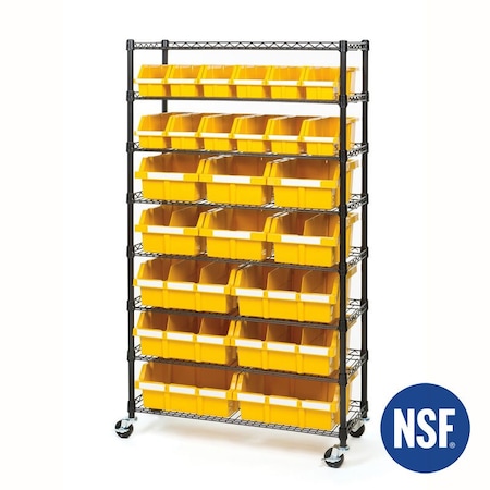 Seville Classics Steel Bin Rack 24, 7 Tier, 8 Shelves, Black, 36 in W x 63.5 in H x 14.25 in D, Black / Yellow SHE16508BB