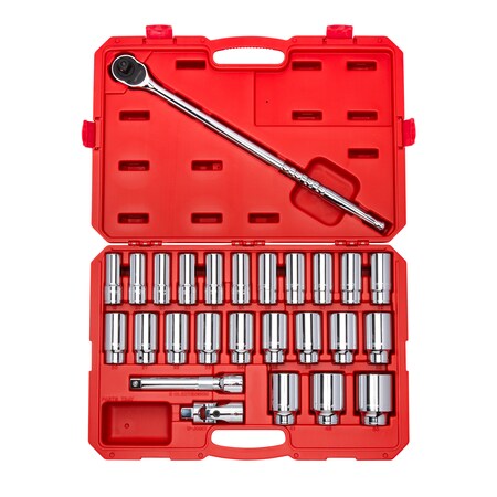 Tekton 3/4 Inch Drive Deep 6-Point Socket and Ratchet Set, 26-Piece (19-50 mm) SKT35206