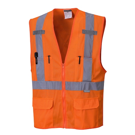 Portwest Atlanta Hi-Vis Vest 2XL Class 2 X Back, , Zipper 6 Pockets, 2 Mic Tab US370