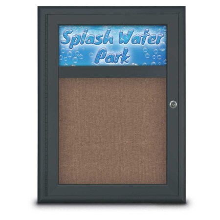 United Visual Products Single Door Radius Corkboard With Header UV8010-BLACK-PUMICE