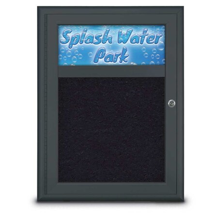 United Visual Products Single Door Radius Corkboard With Header UV8010-BLACK-RUBBER