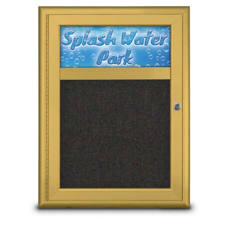 United Visual Products Single Door Radius Corkboard With Header UV8010-GOLD-BLACK