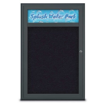 United Visual Products Single Door Radius Corkboard With Header UV8011-BLACK-RUBBER