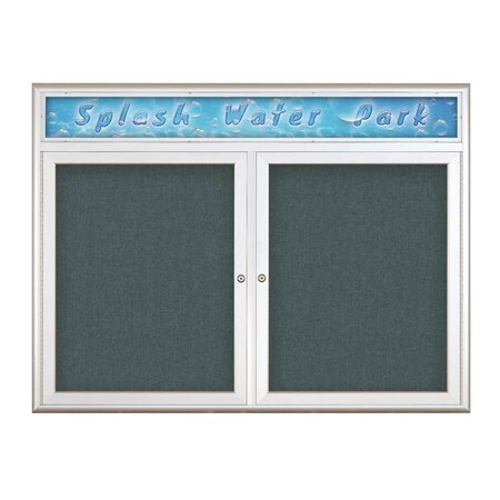 United Visual Products Double Door Radius Corkboard With Header UV80125-SATIN-BLSPRU