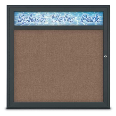 United Visual Products Single Door Radius Corkboard With Header UV8012-BLACK-PUMICE