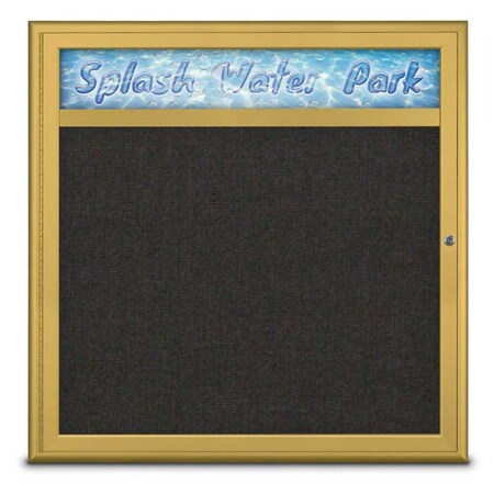 United Visual Products Single Door Radius Corkboard With Header UV8012-GOLD-BLACK