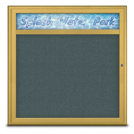 United Visual Products Single Door Radius Corkboard With Header UV8012-GOLD-BLSPRU
