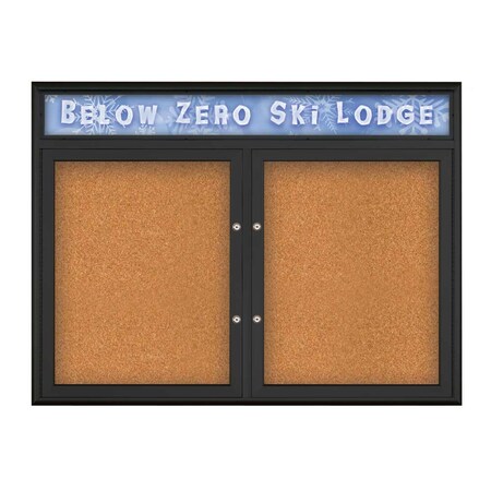 United Visual Products Double Door Radius Plus Corkboard, Header UV8012PLUS5-BLACK-CORK