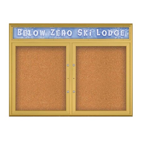 United Visual Products Double Door Radius Plus Corkboard, Header UV8012PLUS5-GOLD-CORK