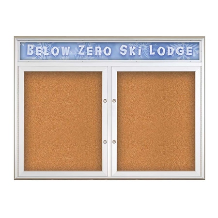 United Visual Products Double Door Radius Plus Corkboard, Header UV8012PLUS5-SATIN-CORK