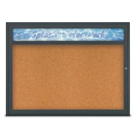 United Visual Products Single Door Radius Corkboard, Header, 48 UV80131-BLACK-CORK