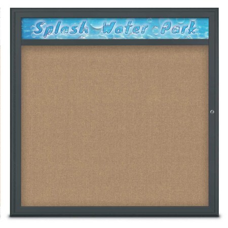 United Visual Products Single Door Radius Corkboard With Header, UV801348-BLACK-BUFF UV801348-BLACK-BUFF