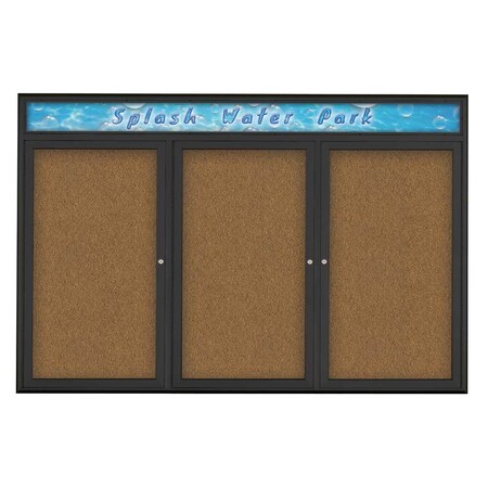 United Visual Products Triple Door Radius Corkboard, Header, 72 UV80155-BLACK-FORBO