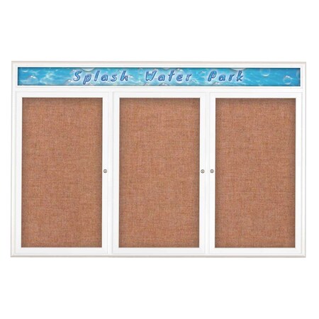 United Visual Products Triple Door Radius Corkboard With Header UV80155-WHITE-CINNABA
