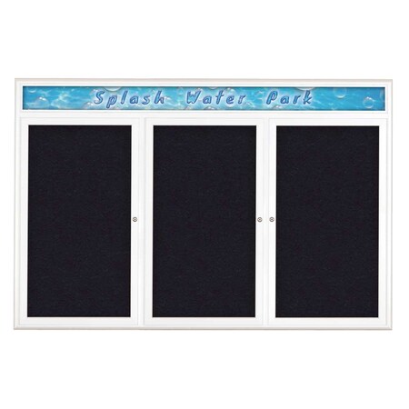 United Visual Products Triple Door Radius Corkboard With Header UV80155-WHITE-RUBBER