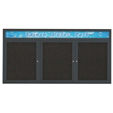 United Visual Products Triple Door Radius Corkboard With Header, UV8015-BLACK-BLACK UV8015-BLACK-BLACK