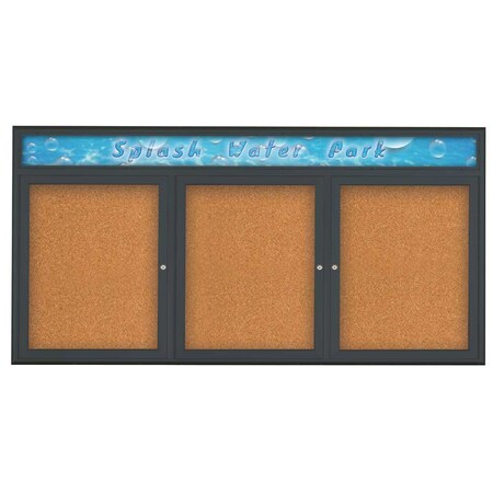 United Visual Products Triple Door Radius Corkboard, Header, 72 UV8015-BLACK-CORK