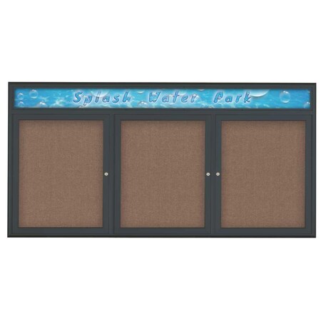 United Visual Products Triple Door Radius Corkboard With Header UV8015-BLACK-PUMICE
