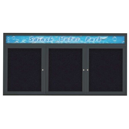 United Visual Products Triple Door Radius Corkboard With Header, UV8015-BLACK-RUBBER UV8015-BLACK-RUBBER