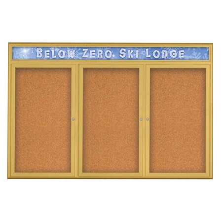 United Visual Products Triple Door Radius Plus Corkboard, Header UV8015PLUS5-GOLD-CORK