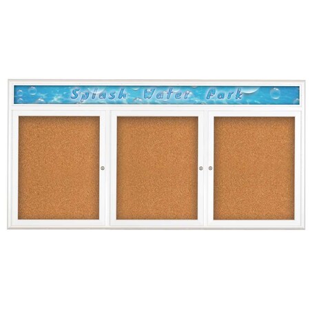 United Visual Products Triple Door Radius Corkboard, Header, 72", UV8015-WHITE-CORK UV8015-WHITE-CORK