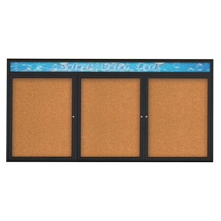 United Visual Products Triple Door Radius Corkboard, Header, 96 UV8016-BLACK-CORK