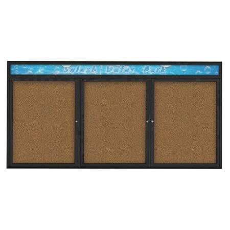 United Visual Products Triple Door Radius Corkboard, Header, 96 UV8016-BLACK-FORBO