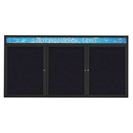 United Visual Products Triple Door Radius Corkboard With Header UV8016-BLACK-RUBBER