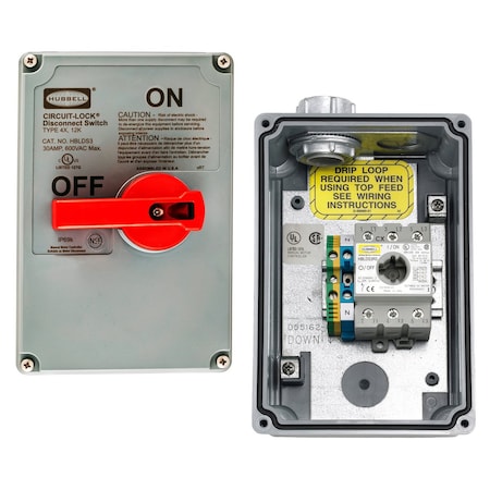 Hubbell Wiring Device-Kellems Enclosed Disconnect Switch, Nonfusible, 3PST, 3 Phase, Enclosed, Indoor/Outdoor, Non-Metallic HBLDS3
