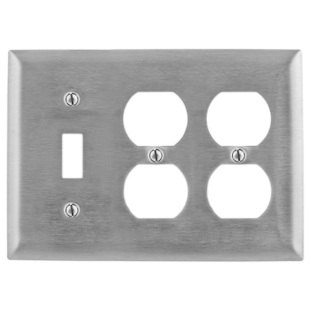 Hubbell Wiring Device-Kellems Duplex Opening/Toggle Switch Wall Plates, Number of Gangs: 3 Stainless Steel, Brushed Finish SS182