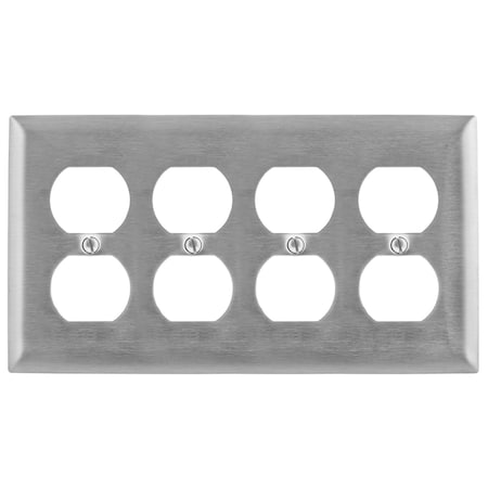 Hubbell Wiring Device-Kellems Duplex Opening Wall Plates, Number of Gangs: 4 Stainless Steel, Brushed Finish SS84