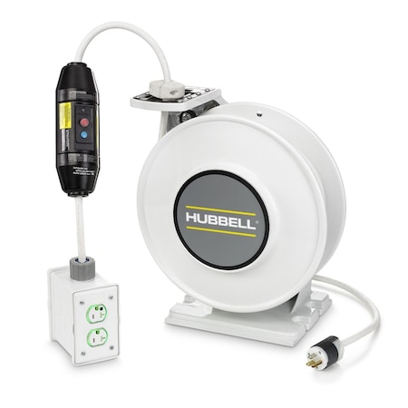 Hubbell Wiring Device-Kellems Cord Reel With Hand Lamp, Spring Retracted, Hospital Grade NEMA 5-20R, 12 AWG, White Reel Color HBLIWC45123GF220HG