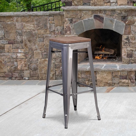 Flash Furniture Lincoln 30" High Backless Silver Antique Finish with Clear Coat Metal Barstool with Square Wood Seat XU-DG-TP0004-30-WD-GG