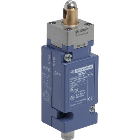 Telemecanique Sensors Limit Switch, Plunger, Roller, 1C/O, 10A @ 240V AC, Actuator Location: Top XCKJ1167DSA8