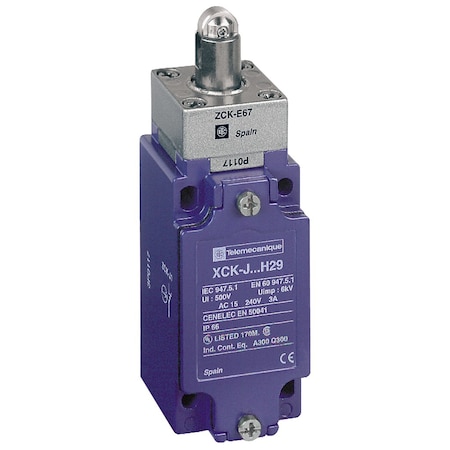 Telemecanique Sensors Limit Switch, Plunger, Roller, 1NC/1NO, 10A at 240V AC, Actuator Location: Top XCKJ167