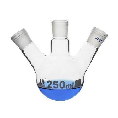Distillation Flask with 3 Necks, 250ml - 24/29 Joint Size - Round Bottom, Interchangeable Screw Thread Joints - Borosilicate Glass - Eisco Labs