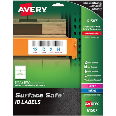Avery Multiple Purpose Labels, 8 3/8 in Label W, 3 1/4 in Label H, 50 Labels per Sheet White 7278261507