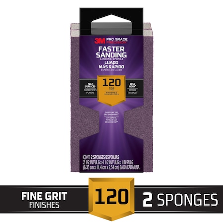 3M Sanding Sponge, Fine, 4 1/2"L, 2 1/2"W FSB120-PGP-2T