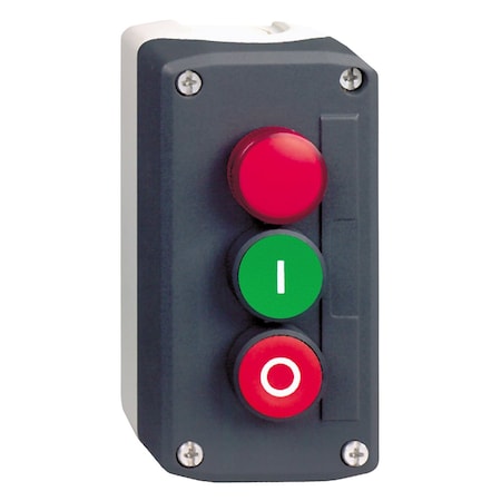Schneider Electric Complete control station, Harmony XALD, grey green flush/red flush pushbuttons, 22mm, red pilot light XALD363G